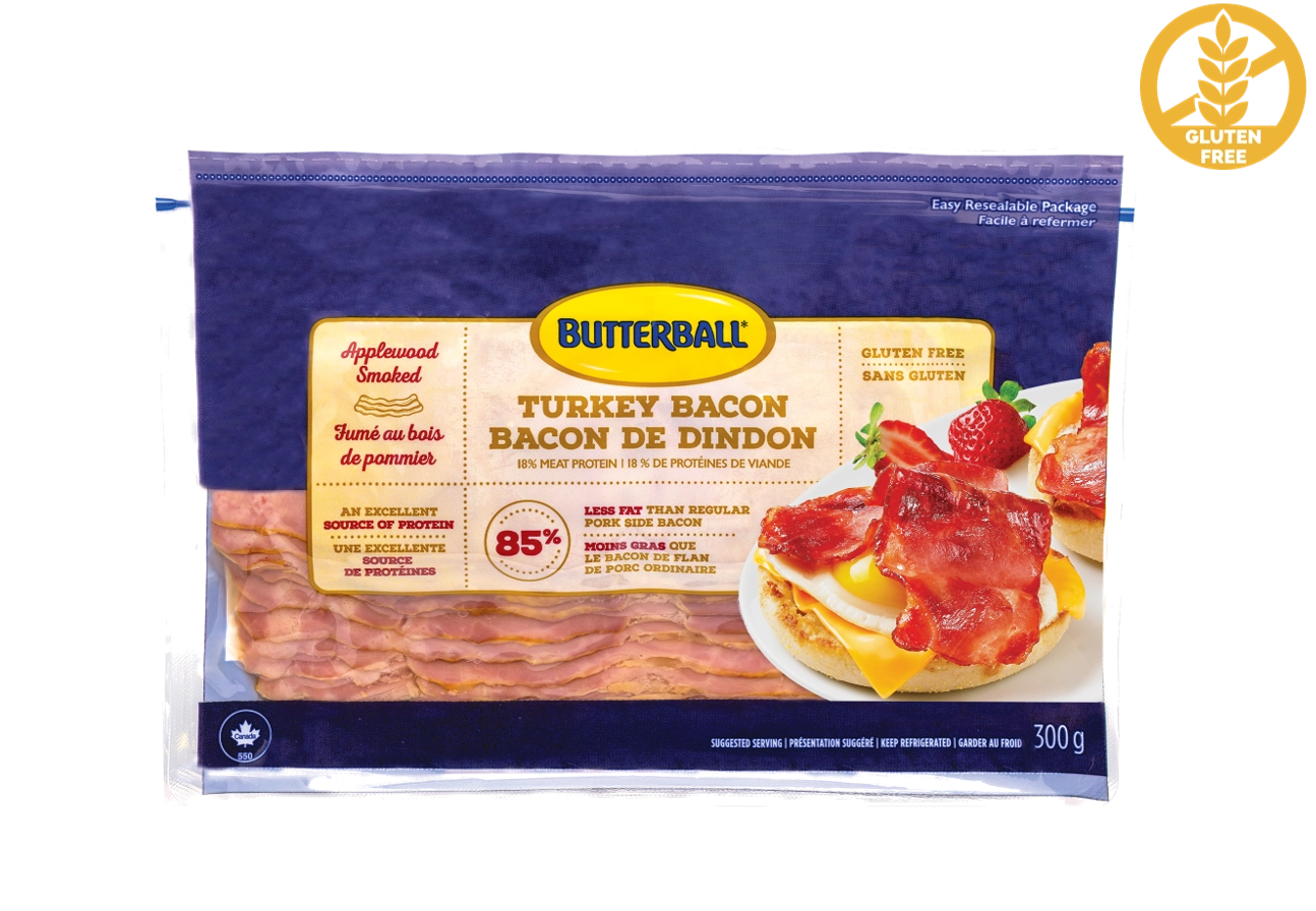 Butterball applewood smoked turkey bacon product packshot.