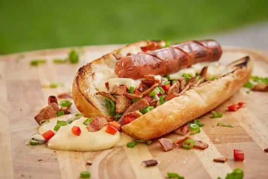 Hot-dogs de dinde garnis de cheddar et de bacon