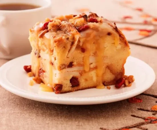 Praline Topped Apple Cranberry Bread Pudding