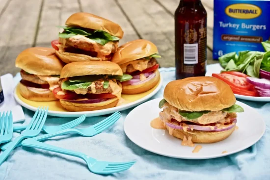 Turkey Burgers with Roasted Red Pepper Feta Sauce