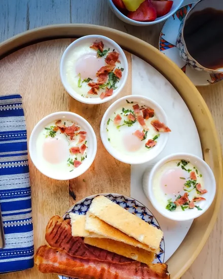 Ramekin-baked Eggs with Turkey Bacon and Tarragon