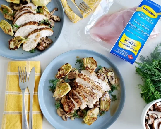 Grilled Turkey Breast with Baby Artichokes and Spring Mushrooms