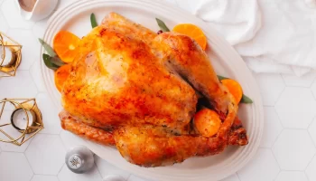 Roasted Butterball turkey on white plate with orange slices.