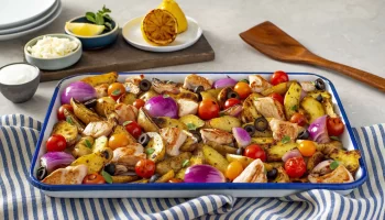 Grilled turkey breast with vegetables on a sheet pan.