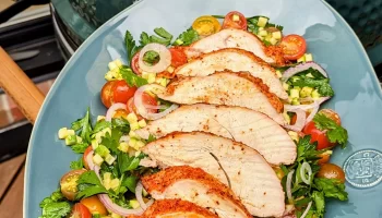 Image of a person holding a plate of turkey and salad for a healthy meal.